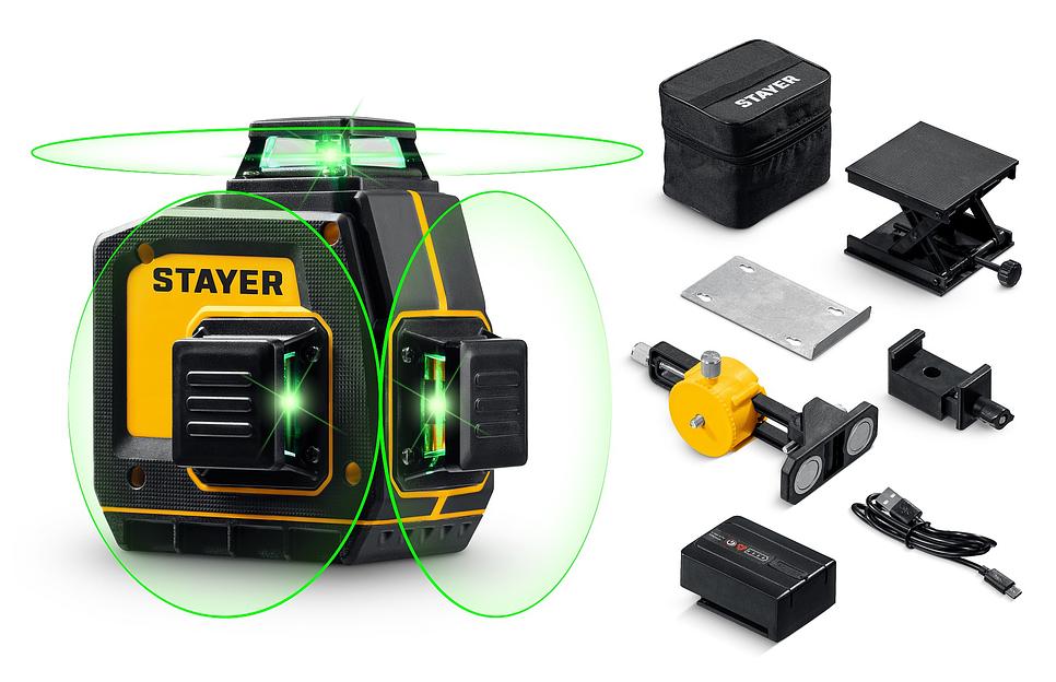 STAYER SL-3D #2, 50м, точн. +/-0,5 мм/м, зеленый лазерный нивелир, микролифт, держатель (34963-2) фото 1