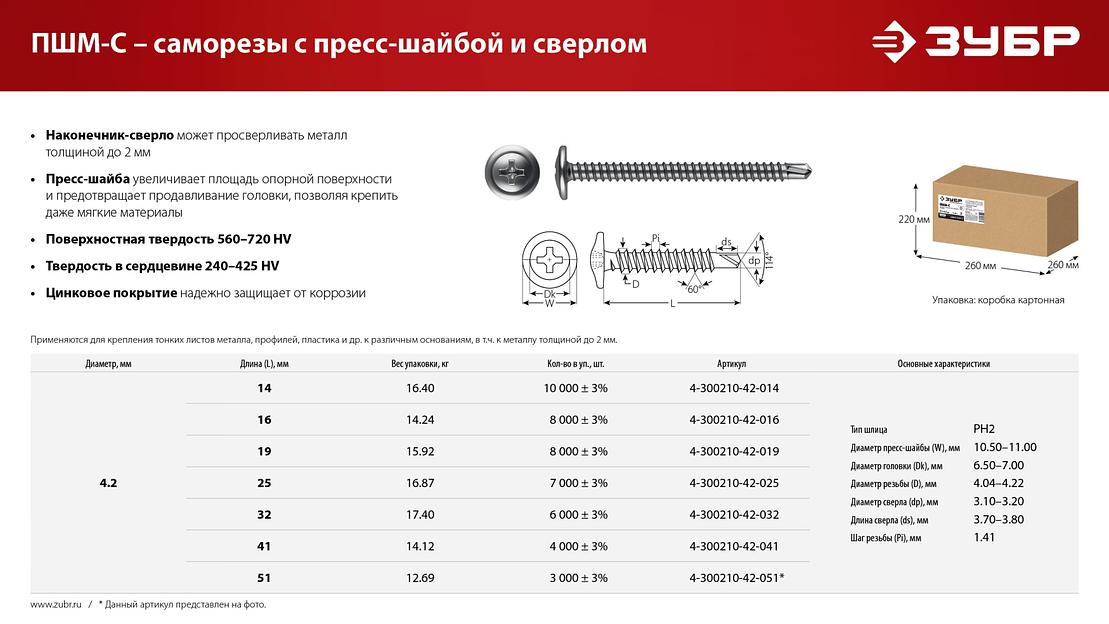 ЗУБР ПШМ-С 32 х 4.2 мм, саморез с пресс-шайбой и сверлом, цинк, 17.4 кг (6000 шт.) (4-300210-42-032) фото 8