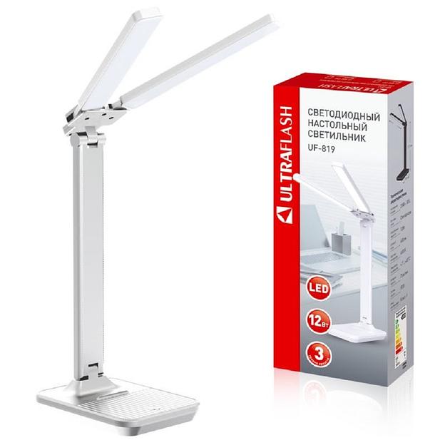 Ultraflash UF-819 C01 белый (Led, светильник настольный, 12Вт, 6000К, 3 ур.яркости, 2 плафона, кожа) фото 1