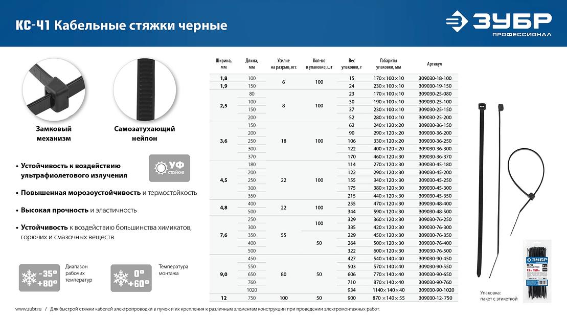 ЗУБР КС-Ч1, 9 x 760 мм, нейлон РА66, 50 шт, черные, кабельные стяжки, Профессионал (309030-90-760) фото 4