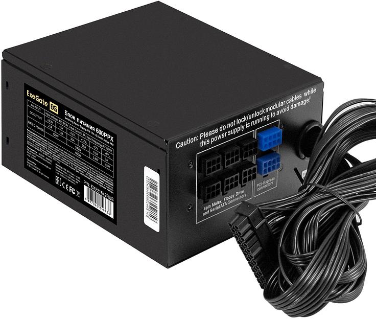Блок питания 600W Exegate 600PPX RTL, ATX, black, active PFC, 14cm, 20+4pin/4+4pin/PCI-E/4IDE/5SAT фото 1