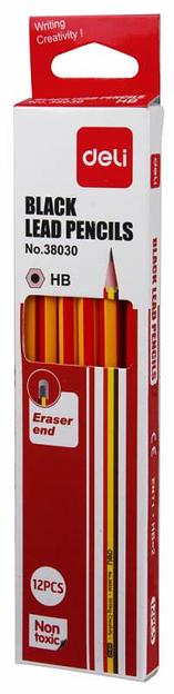 Карандаш чернографит. Deli E38030 HB шестигран. липа ластик (12шт) фото 2