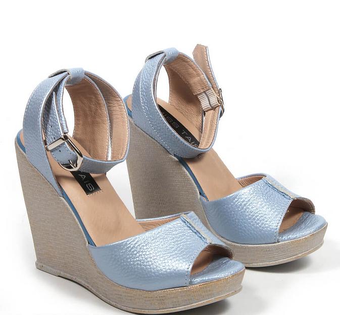 Босоножки женские из натуральной кожи на танкетке, арт.MT005 голубой перламутр ОПТ фото 7