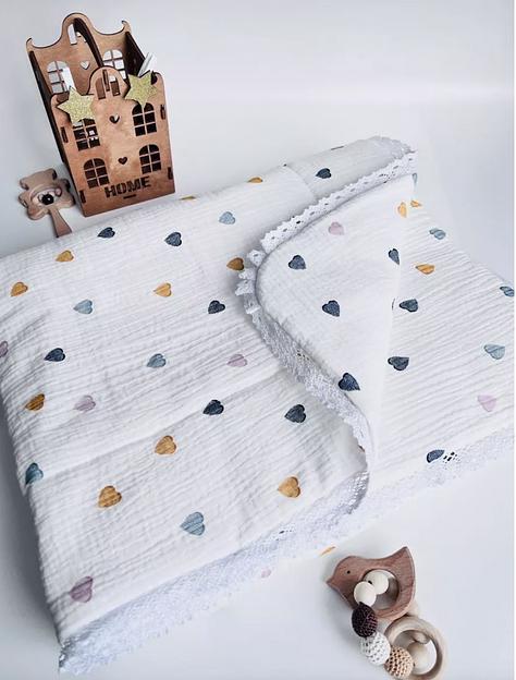 Плед для новорожденных муслиновый одеяло в кроватку, сердечки фото 1