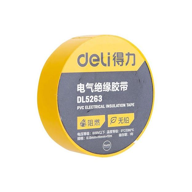 Изолента Deli DL5263 желтая, 0,13мм х 18мм х 9,15м, напряжение до 600В, температурный диапазон 0-80 грд., ПВХ фото 1