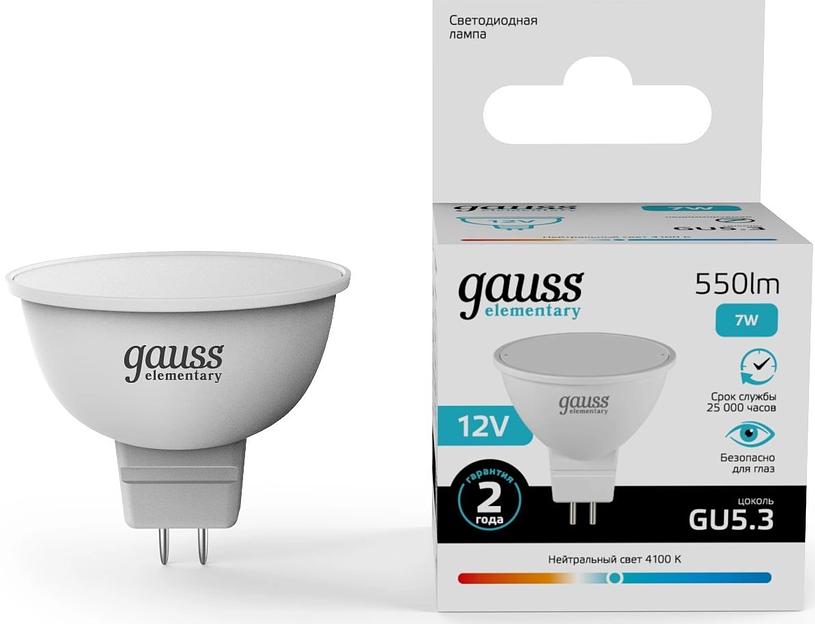 Лампа светодиодная Gauss Elementary 7Вт цок.:GU5.3 софит 12B св.свеч.бел.нейт. (11527) фото 1