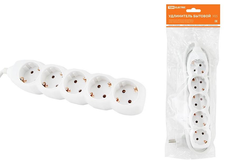 Удлинитель бытовой У05 5 гнезд, 3метра, с заземлением, ПВС 3х1мм2 16А/250В (SQ1303-0021) фото 1