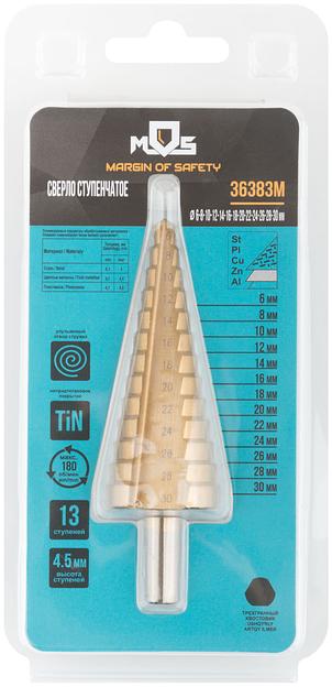 Сверло ступенчатое HSS по металлу, 13 ступеней, 6-30 мм фото 3