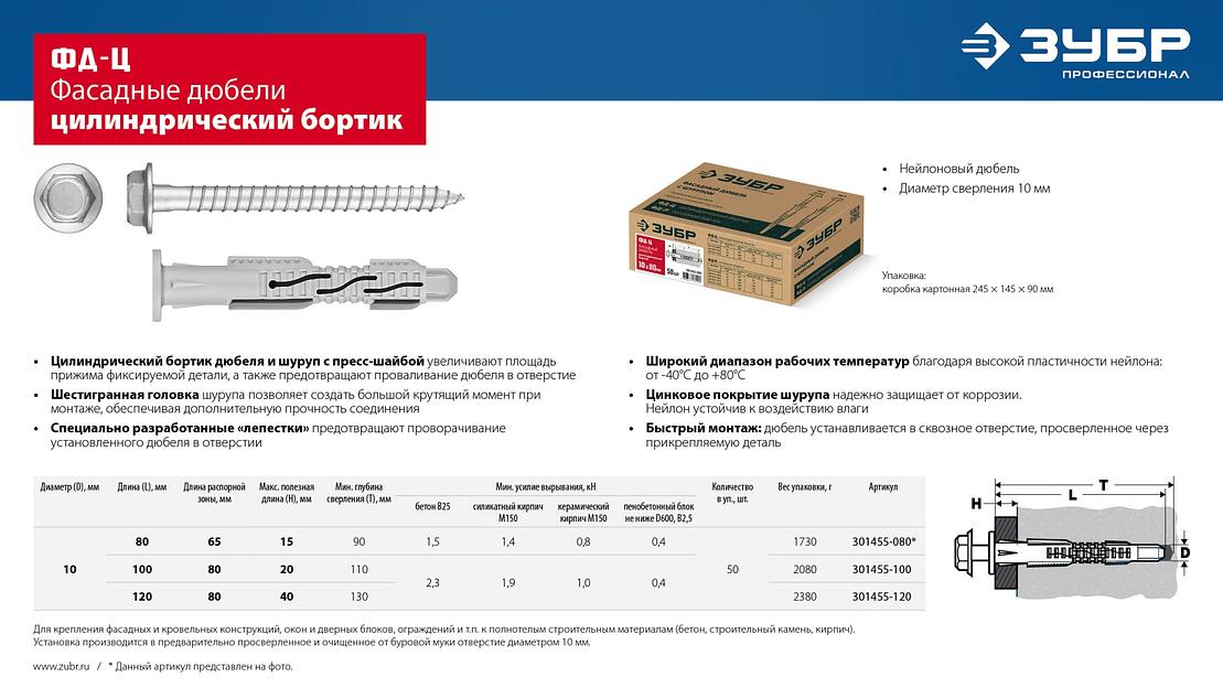 ЗУБР ФД-Ц 10 x 120 мм, фасадный дюбель, нейлон/цинк, 50 шт (301455-120) фото 8