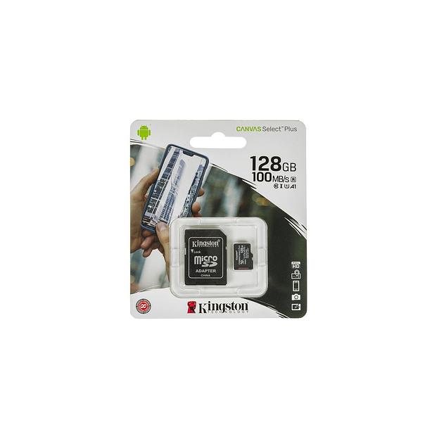 Карта памяти microSDXC UHS-I U1 Kingston Canvas Select Plus 128 ГБ, 100 МБ/с, Class 10, SDCS2/128GB, 1 шт., переходник SD фото 1