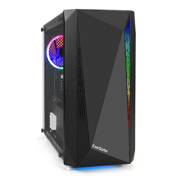 Exegate EX294472RUS Корпус Minitower ExeGate Mistery R2-NPX400 (mATX, БП 400NPX с вент. 12 см, 2*USB+1*USB3.0, аудио, черный, 1 вент. 12см с RGB подсветкой и полоса на передней панели, боковая панель фото 1