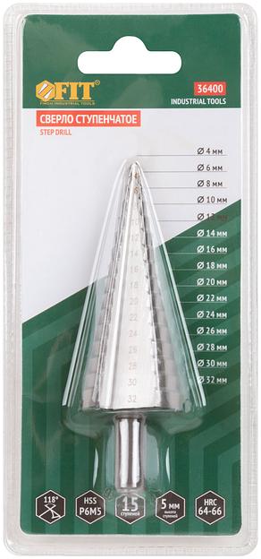 Сверло ступенчатое HSS (Р6М5) по металлу, 15 ступеней, 4-32 мм фото 3