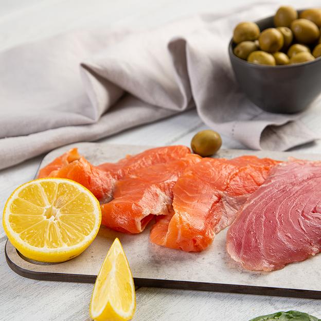 Нарезка-слайсы: «Филе тунца и форели, подкопченные», замороженные, в\у, 150гр. фото 5