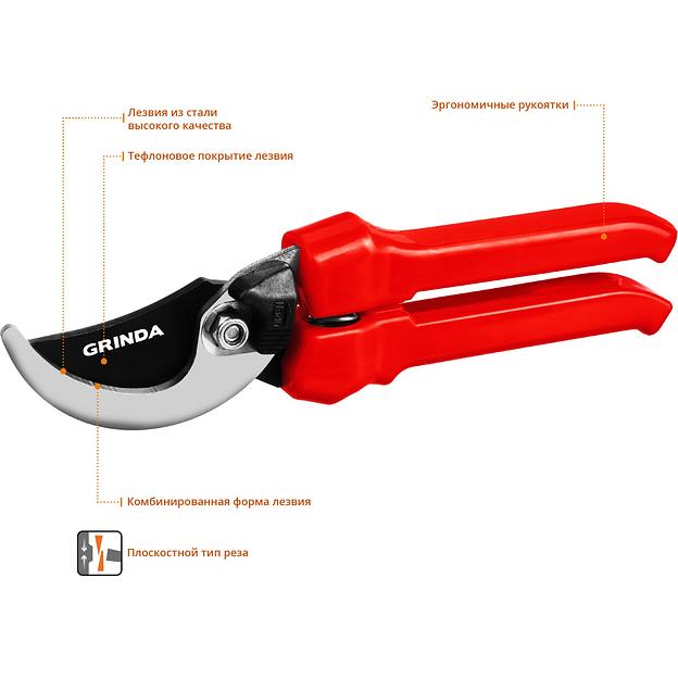 GRINDA G-33, 200 мм, закаленные лезвия, тефлоновое покрытие, пластиковые рукоятки, плоскостной секатор (40211) фото 3