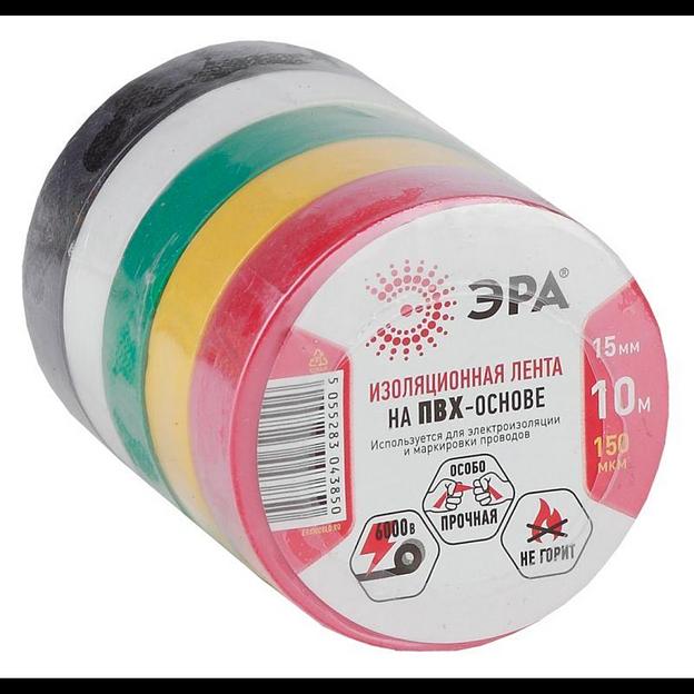 Изолента ПВХ 15ммх10м 5цветов (уп.5шт) ЭРА C0038781 фото 1