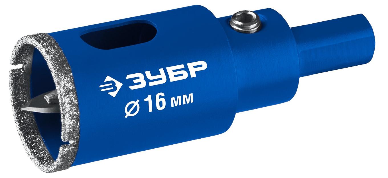 ЗУБР АГК d 16 мм (центр. сверло, трехгр. хвост, Р60), Алмазная коронка, Профессионал (29850-16) фото 1