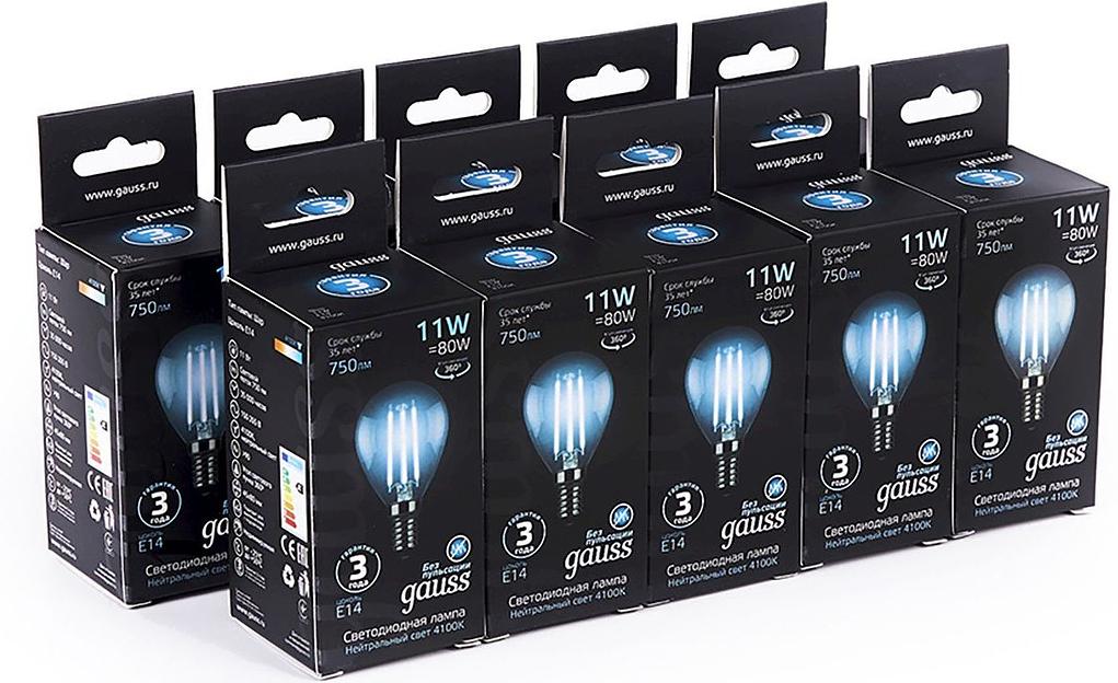 Лампа филам. Gauss Filament 11Вт цок.:E14 шар 220B 4100K св.свеч.бел.нейт. (упак.:10шт) (105801211) фото 3