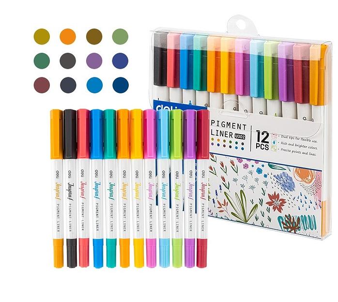 Набор ручек капилляр. Deli Inspira (EU302) d=0.5мм ассор. черн. игловидный пиш. наконечник линия 1.0мм 12цв. фото 1