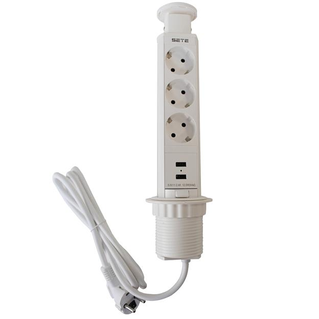 SETE Удлинитель настольный выдвижной, 2*USB, 230V, 60mm, белый, SPO-3WU фото 1