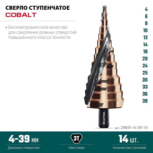 KRAFTOOL COBALT 4-39мм, 14 ступеней, азотирование, винтовая спираль, сверло ступенчатое(29691-4-39-14) фото 6