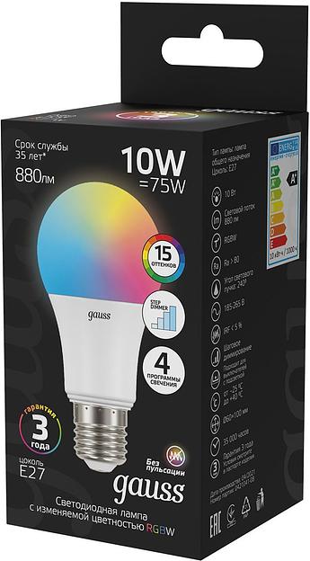 Лампа светодиодная Gauss 102102410 10Вт цок.:E27 груша 220B св.свеч.RGB A60 (упак.:1шт) фото 3