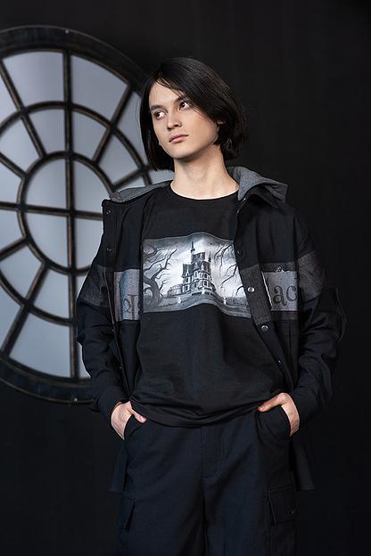 Чёрная джинсовая куртка-рубашка унисекс со вставками и съёмным капюшоном ОПТ фото 3