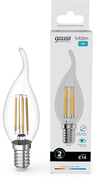 Лампа филам. Gauss Filament 8Вт цок.:E14 свеча св.свеч.бел.нейт. (упак.:10шт) (42128) фото 1