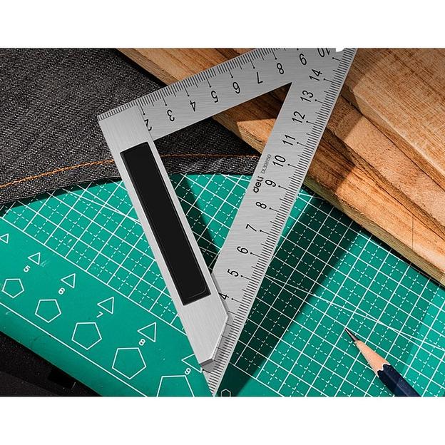 Измерительный и разметочный инструмент Deli Треугольная линейка стальная Deli DL303150 150мм, нержавеющая сталь + алюминиевое основание фото 5