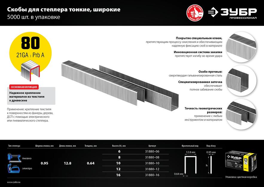 ЗУБР скобы тип 80 (BeA/Prebena A/Senco AT), 6 мм, калибр 21GA. 5000 шт. Профессионал (31880-06) фото 7