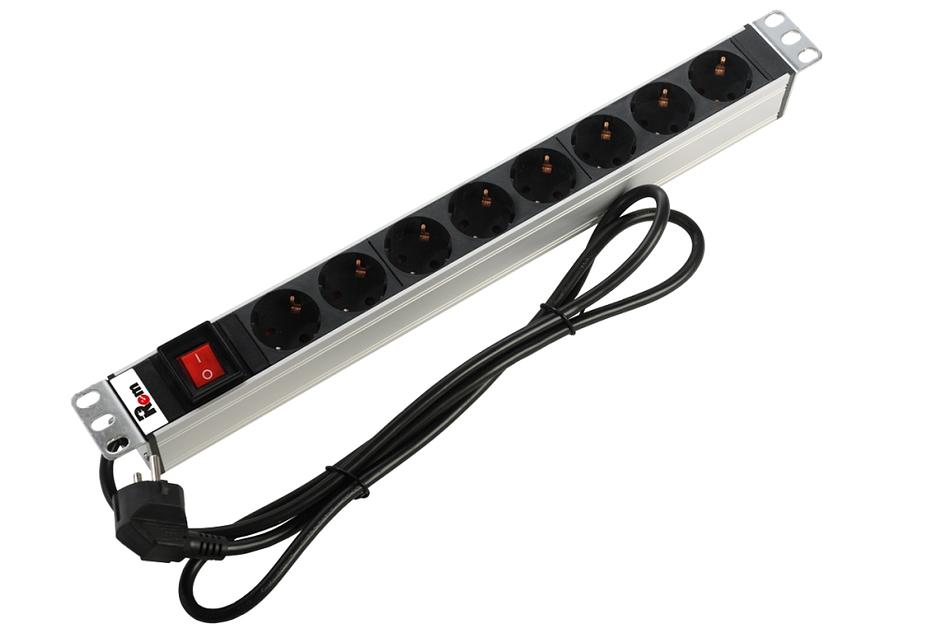 Блок розеток Rem-16 с выкл., 8 Schuko, 16 A, алюм., 19", шнур 3 м (R-16-8S-V-440-3) фото 1