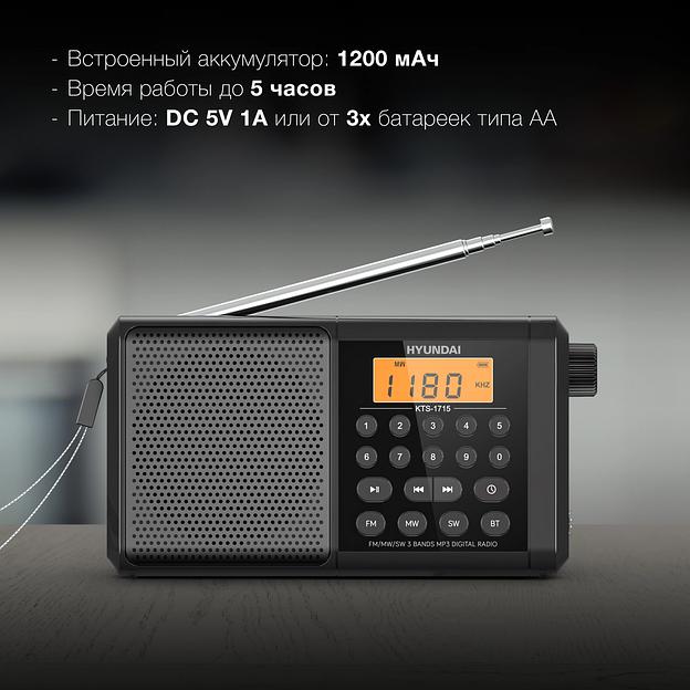 Радиоприемник портативный Hyundai H-PSR115 черный 2.0 microSD фото 3