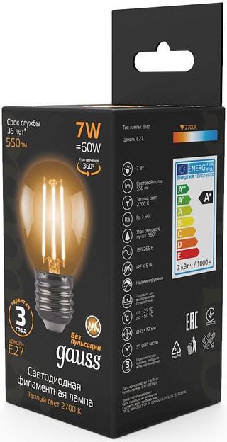 Лампа филам. Gauss 7Вт цок.:E27 шар 220B 2700K св.свеч.бел.теп. G45 (упак.:10шт) (105802107) фото 3
