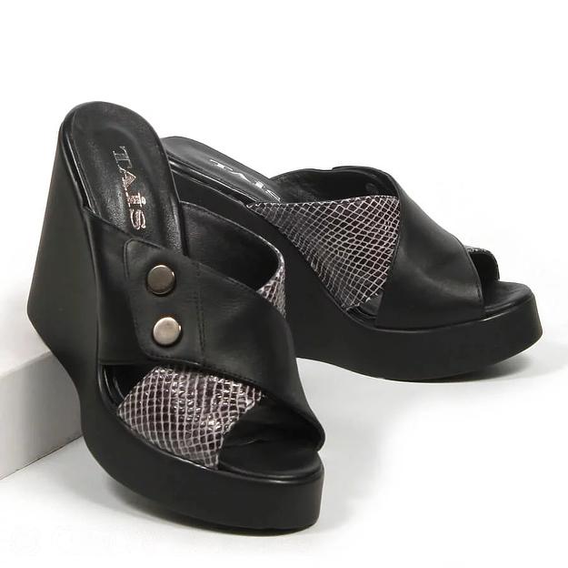 Сабо женские TAIS из натуральной кожи на танкетке, арт.2023-34 чёрный ОПТ фото 1