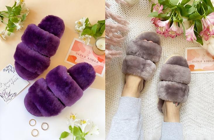 Женские меховые тапочки с параллельными шлейками фото 9