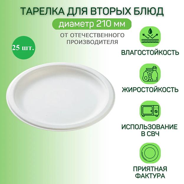 Тарелка круглая одноразовая ЭкоПак из древесной целлюлозы (биоразлагаемая) 210 мм для холодных и горячих блюд, белый 25 шт фото 1
