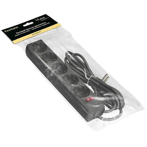 Сетевой фильтр ExeGate SP-5-1.5B й фильтр ExeGate SP-5-1.5B (5 евророзетки с заземлением, 1.5м, защита от перегрузки, выключатель с подсветкой, черный) фото 2