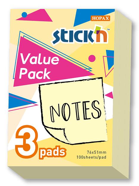 Блок самоклеящийся бумажный Stick`n 27088 76x51мм 100лист. 70г/м2 пастель желтый 1цв.в упак. (упак.:3шт) фото 1