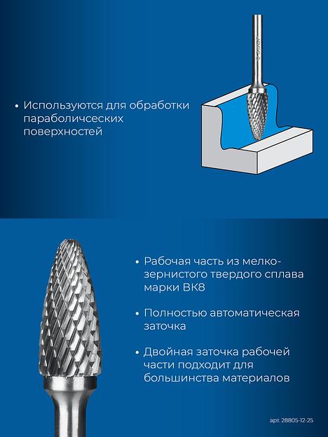 ЗУБР 12х25 мм, тип F (парабола с закругленным углом, радиус 3.0 мм), хв-к 6 мм, твердосплавная борфреза, ПРОФЕССИОНАЛ (28805-12-25) фото 7
