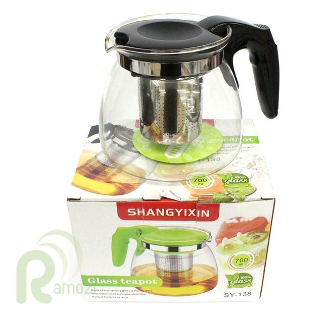 Чайник заварочный стеклянный с ситом, чёрной пластиковой ручкой 700 мл фото 1