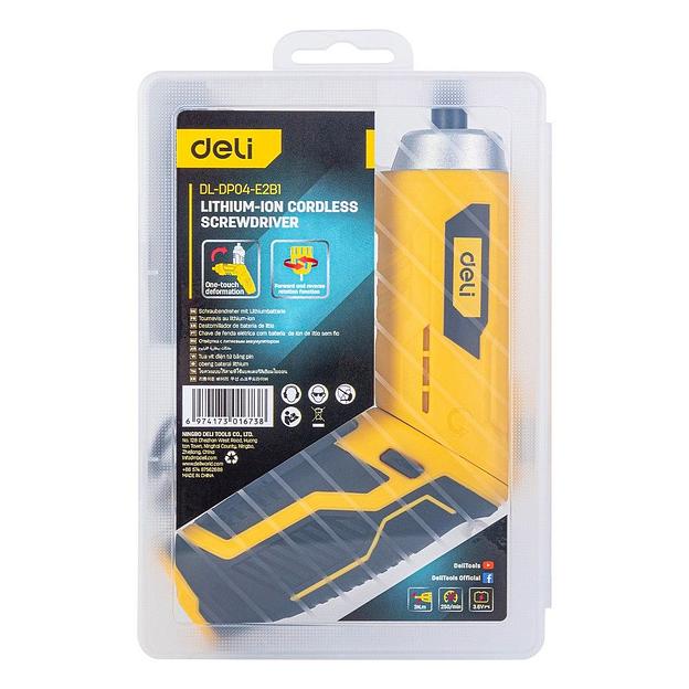 Отвертка аккумуляторная Deli DL-DP04-E2B1 (3,6В, 1,5А*ч, 3Нм, набор бит 10 шт, пласт. кейс) фото 4