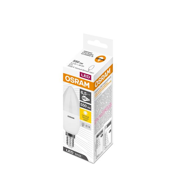 Лампа светодиодная LED Base Свеча 6,5 Вт (замена 60 Вт), 550Лм, 3000К, цоколь E14 OSRAM фото 1
