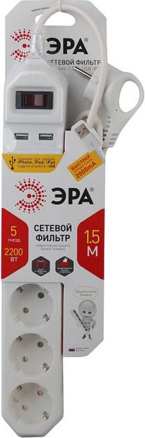 Сетевой фильтр Эра USF-5es-1.5m-USB-W 1.5м (5 розеток) белый (коробка) фото 2