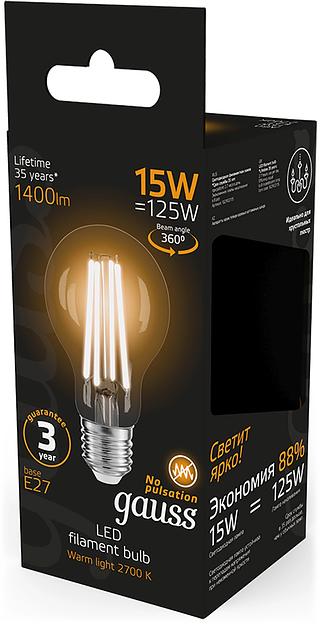 Лампа светодиодная Gauss Filament 102902115 15Вт цок.:E27 груша 220B св.свеч.бел.теп. (упак.:10шт) фото 5