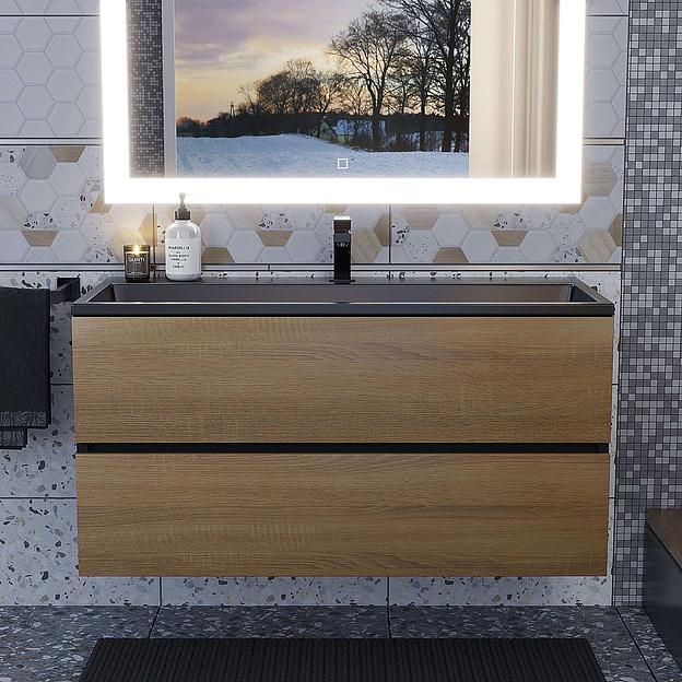 Тумба под раковину для ванной Uperwood Barsa 100 см, подвесная, черная/дуб сонома фото 4