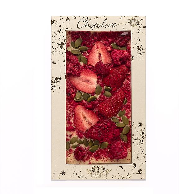Белый шоколад ручной работы Chocolove без сахара с клубникой, малиной и тыквенными семечками фото 1