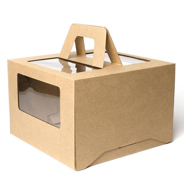 Коробка для торта 4 окна с ручками мгк крафт 25х25х20 см фото 1