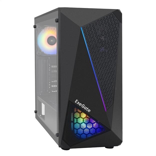 Exegate EX293014RUS Корпус Miditower ExeGate EVO-8225-NPX500 (ATX, БП 500NPX с вент. 12см, 2*USB+1*USB3.0, черный, 2 вент. с RGB подсветкой и полоса на передней панели, боковая панель - закаленное сте фото 1