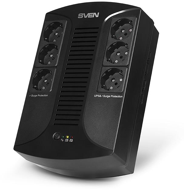 ИБП SVEN UP-L1000E, линейно-интерактивный, AVR, 1000ВА, 510Вт, 6 евро розеток 6*CEE7/4 (3х UPS/сетевой фильтр+3 x сетевой фильтр), LED-индикация, черный, габариты 185 × 280 × 95мм, 5.9кг SVEN UP-L1000E (SV-016593) фото 1