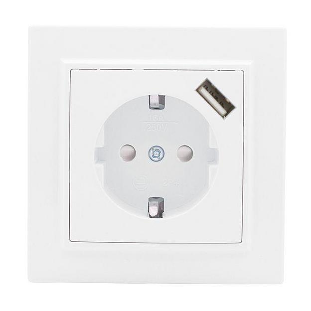 Розетка 1-м СП Минск 16А IP20 с заземл. защ. шторки с заряд. устройством USB 1А бел. EKF ERR16-028-1 фото 1