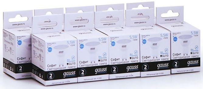 Лампа светодиодная Gauss Elementary MR16 5.5Вт цок.:GU10 спот 220B 4100K св.свеч.бел.нейт. (упак.:10шт) (13626) фото 1
